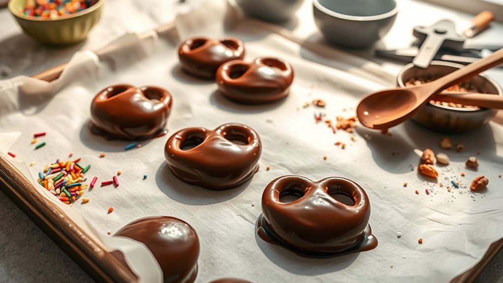 sprinkle toppings on pretzels