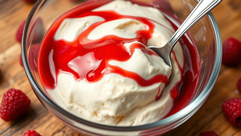 swirl raspberry puree in