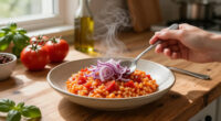 Tomato Risotto With Frizzled Red Onions