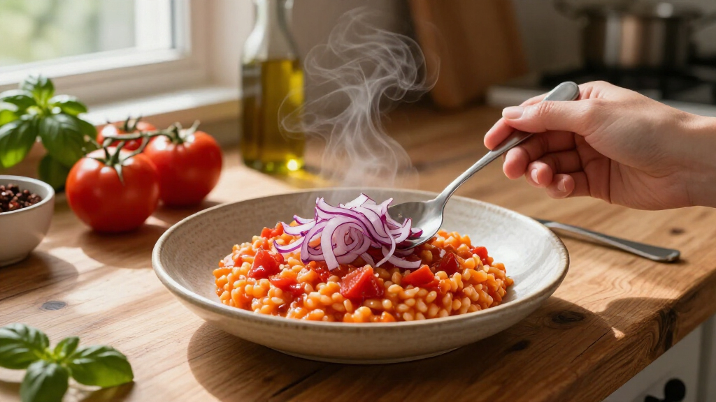 Tomato Risotto With Frizzled Red Onions